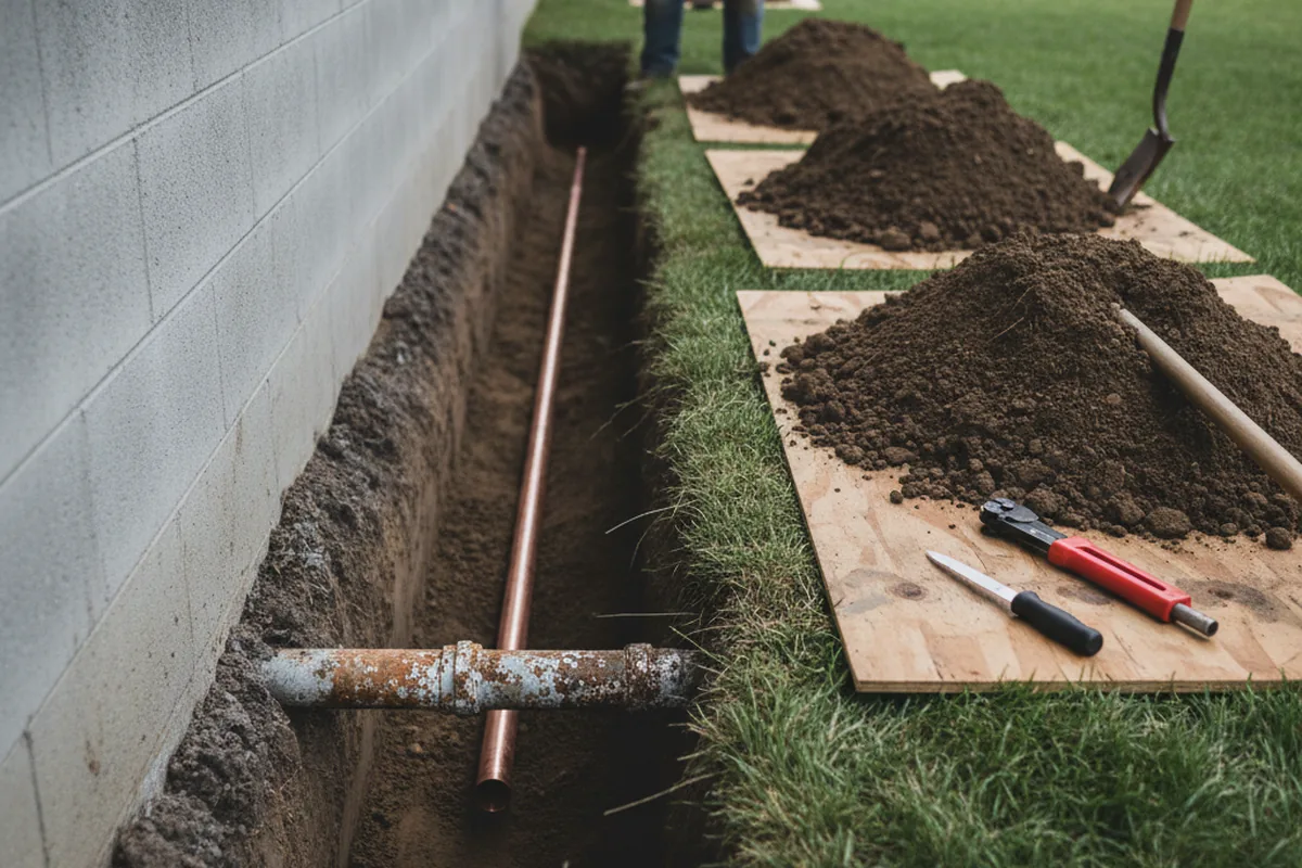 Excavated water line trench during Sewer Line Repair in Rocky Point